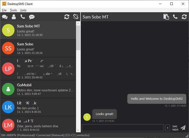 DesktopSMS Client for Windows conversation list preview