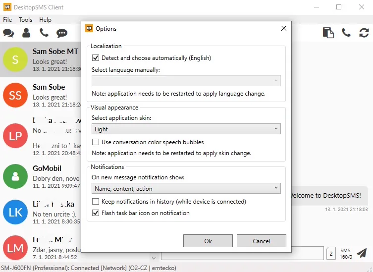 DesktopSMS Client for Windows message thread preview